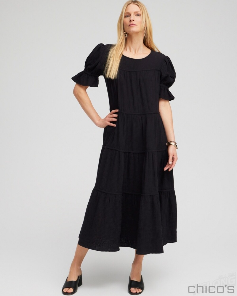 Chico's Gauze Tiered Midi Dress Dresses Black | 537-KRLQHE