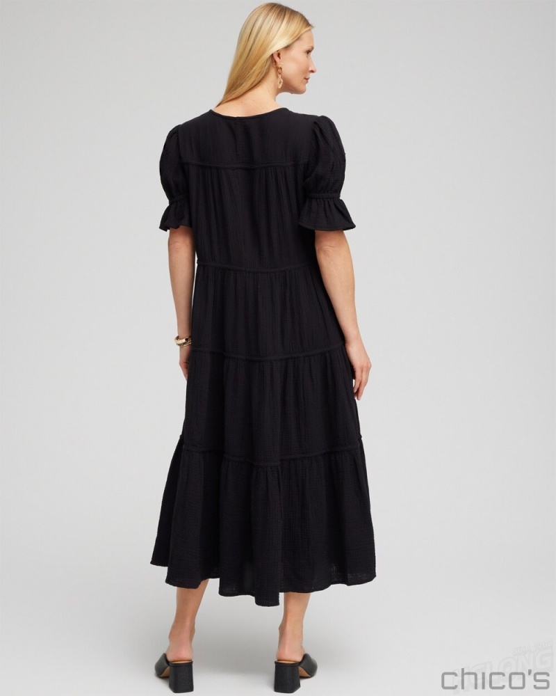 Chico's Gauze Tiered Midi Dress Dresses Black | 537-KRLQHE