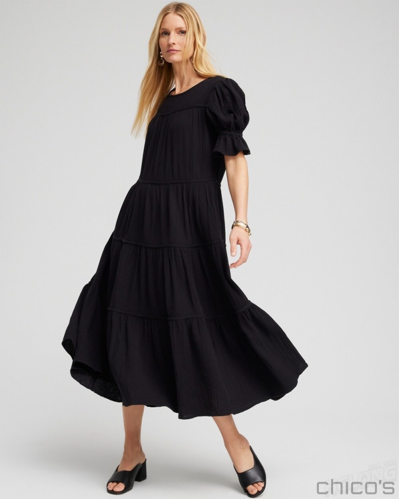 Chico's Gauze Tiered Midi Dress Dresses Black | 537-KRLQHE