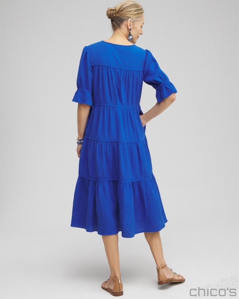 Chico's Gauze Tiered Midi Dress Dresses Intense Azure | 623-JVTKPR