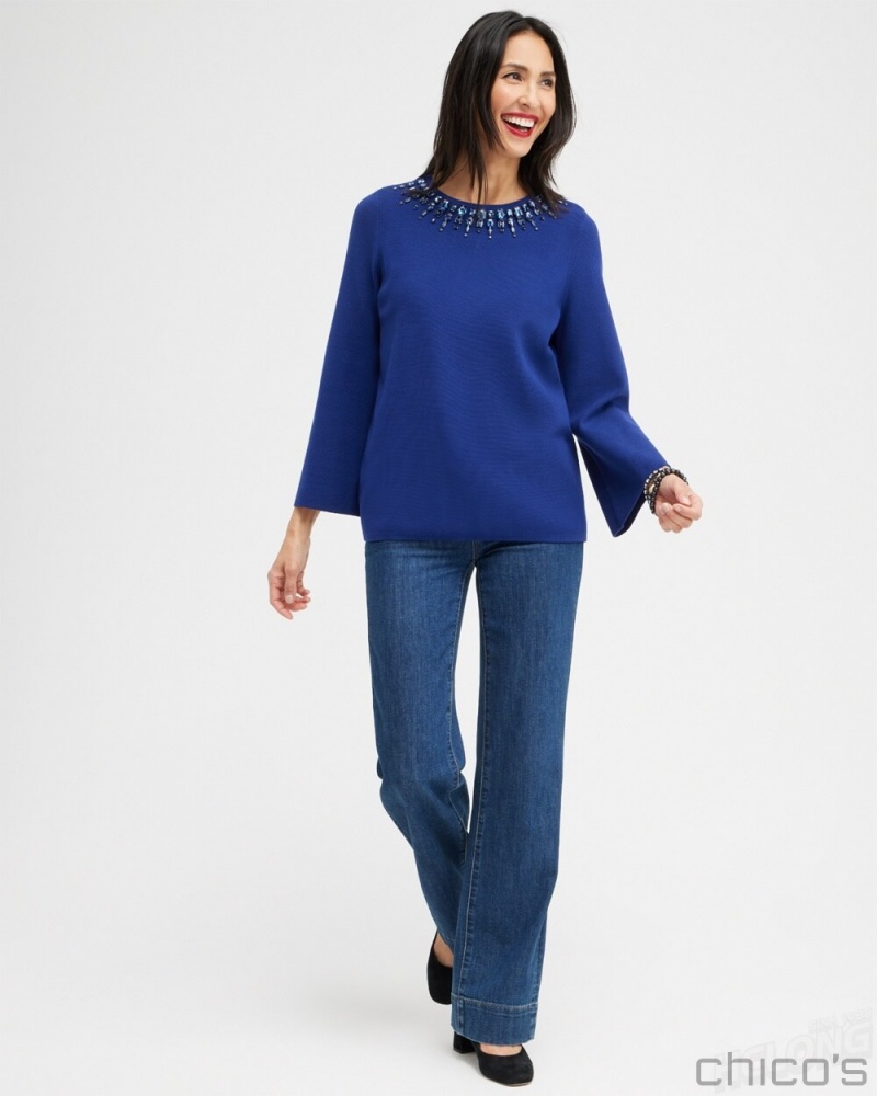 Chico's Gem Embellished Flare Sleeve Sweater Sweaters Cobalt Night | 162-SGJZQB