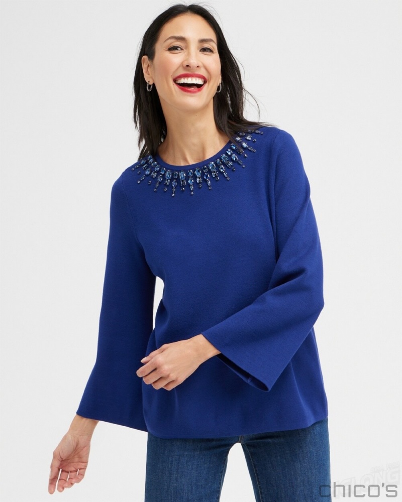 Chico\'s Gem Embellished Flare Sleeve Sweater Sweaters Cobalt Night | 162-SGJZQB