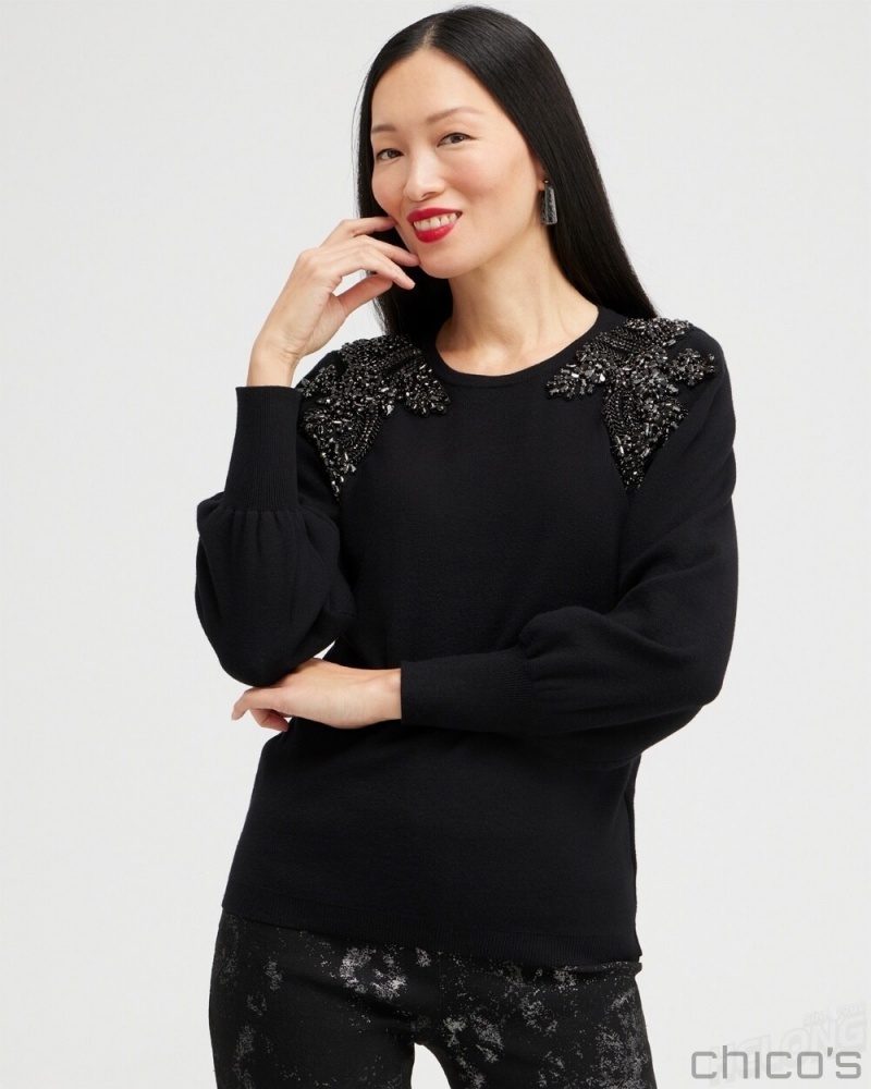 Chico's Gem Embellished Pullover Sweater Sweaters Black | 592-GYSZDF