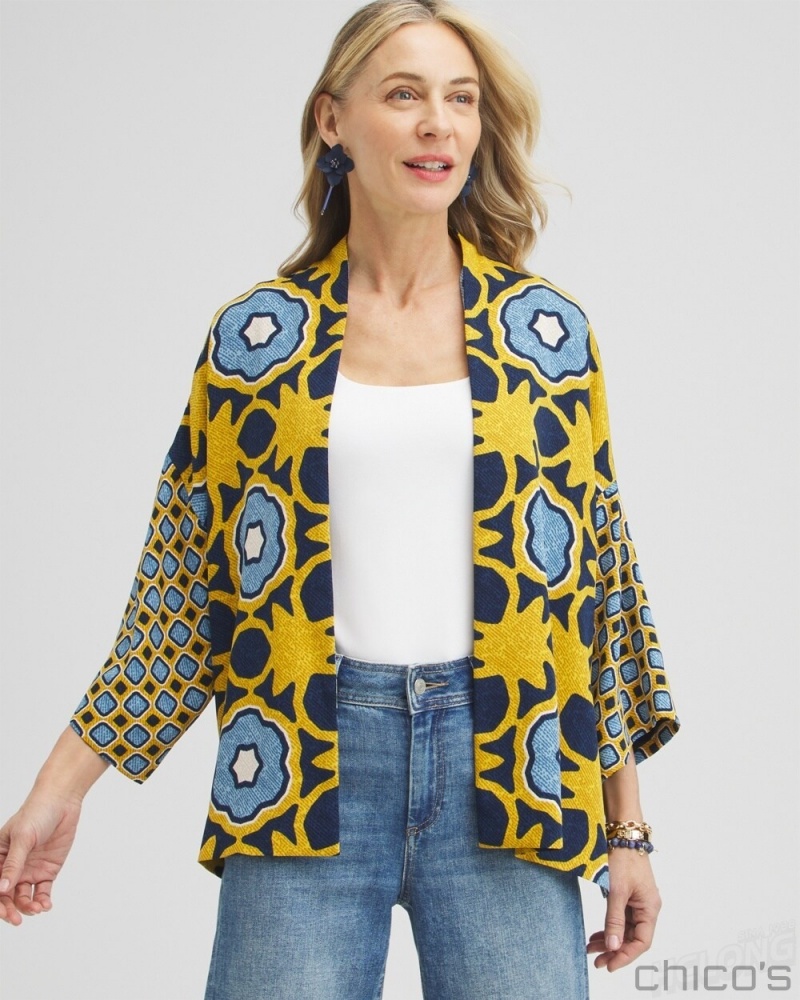 Chico's Geo Print Short Kimono Ponchos & Ruanas Blue Echo | 984-GRWMCZ