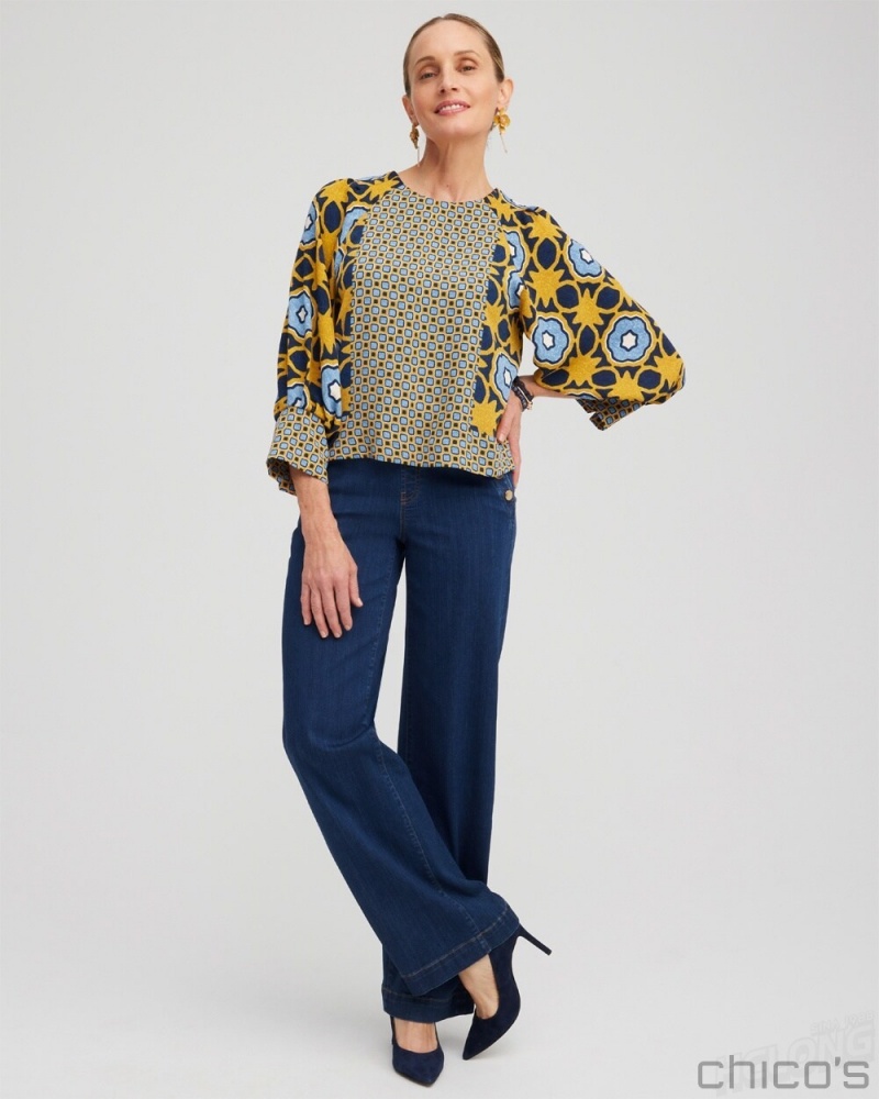 Chico's Geometric Print Pintuck Top Tops Blue Echo | 267-VUNTXI