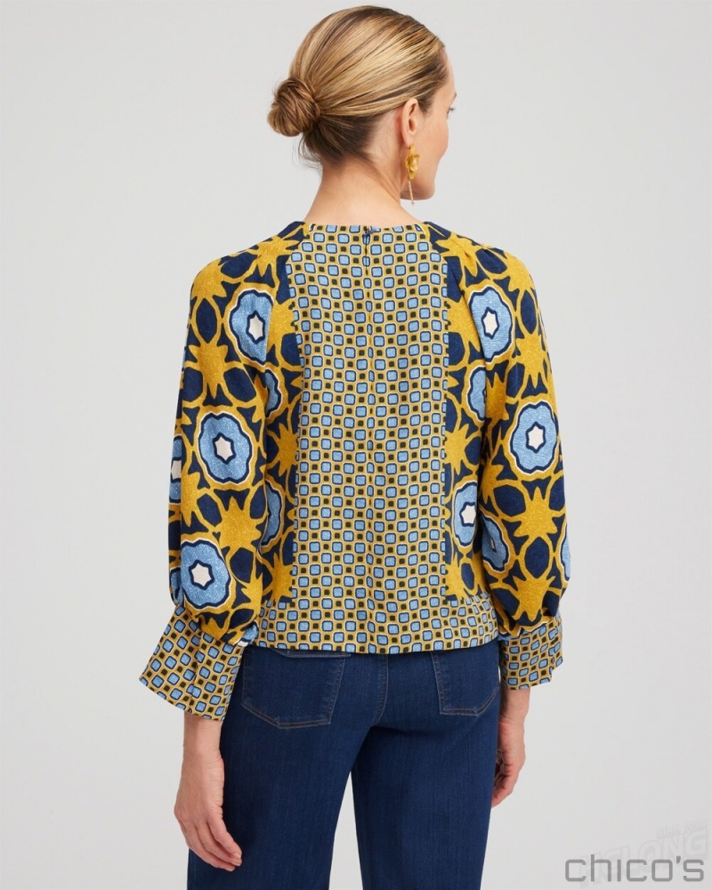 Chico's Geometric Print Pintuck Top Tops Blue Echo | 267-VUNTXI