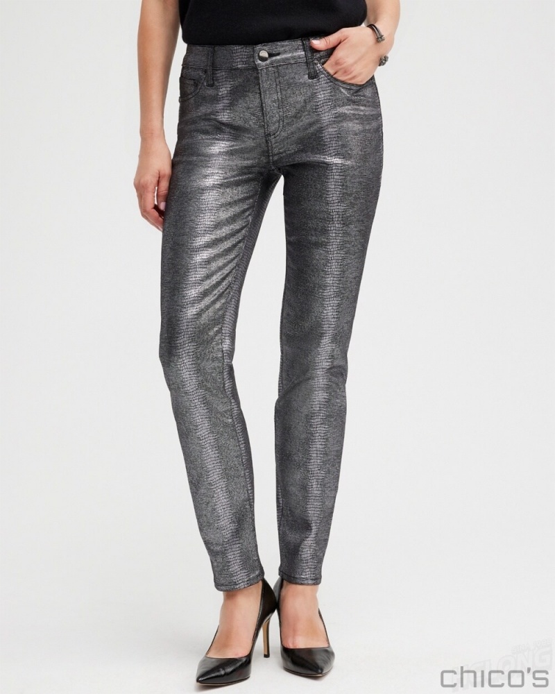 Chico's Girlfriend Coated Ankle Jeans Jeans & Denim Gunmetal Black Croc Foil | 402-HQZIPS