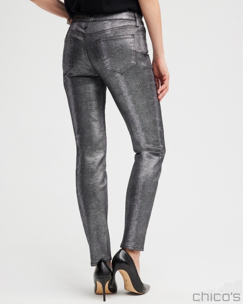 Chico's Girlfriend Coated Ankle Jeans Jeans & Denim Gunmetal Black Croc Foil | 402-HQZIPS