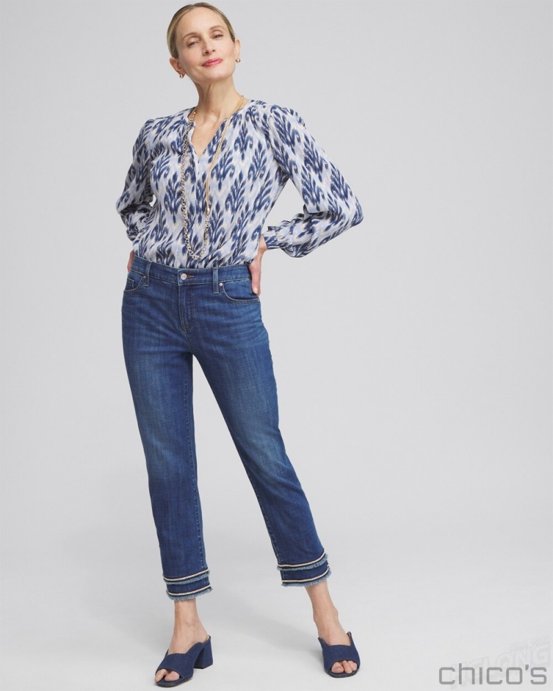 Chico's Girlfriend Embellished Hem Cropped Jeans Jeans & Denim Blue Springs Indigo | 394-DMEFWB