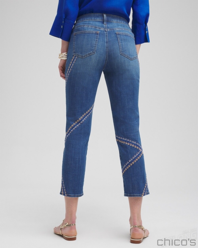 Chico's Girlfriend Embroidered Cropped Jeans Jeans & Denim Corfu Indigo | 214-ZBNGEV