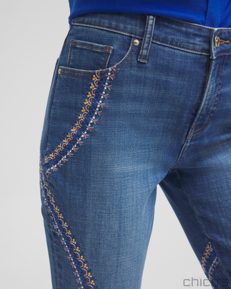 Chico's Girlfriend Embroidered Cropped Jeans Jeans & Denim Corfu Indigo | 214-ZBNGEV