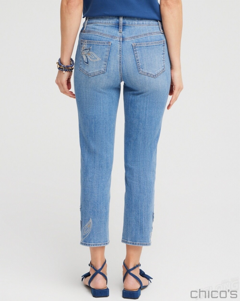 Chico's Girlfriend Tonal Applique Cropped Jeans Jeans & Denim Oceania Indigo | 795-ZXCJDE