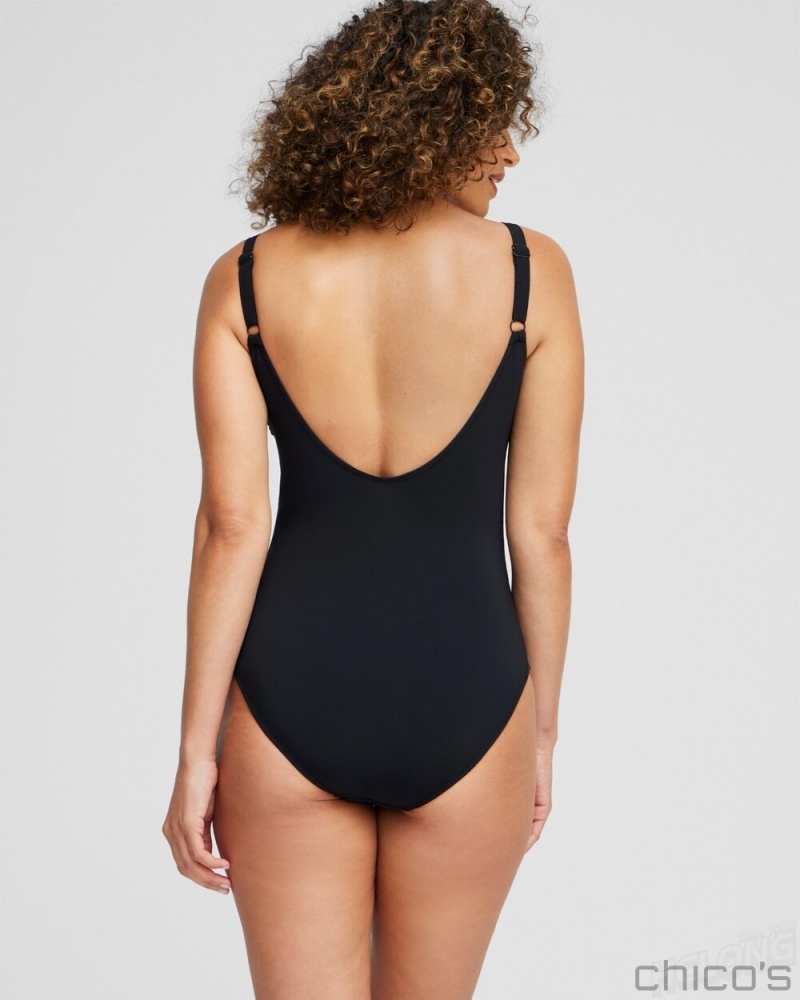 Chico's Gottex Ruffle Square Neck One Piece Swim Black | 389-EFQNJB