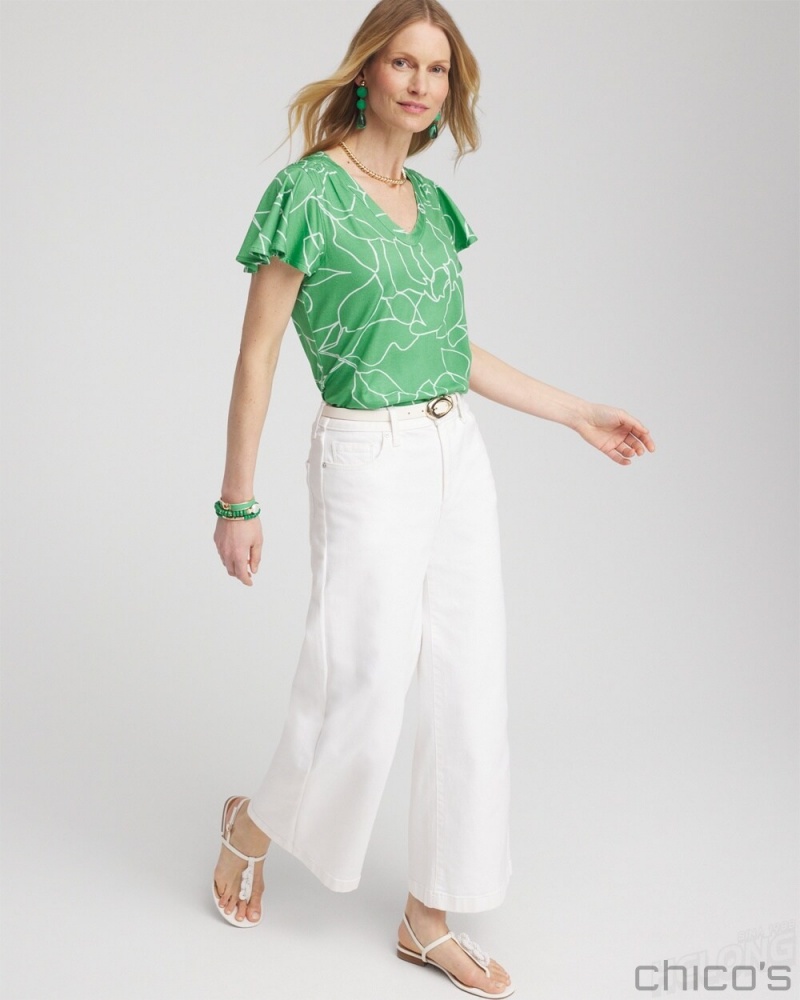 Chico's Green Lines Flutter Sleeve Tee Tees & Tanks GRASSY GREEN | 435-LAECQT