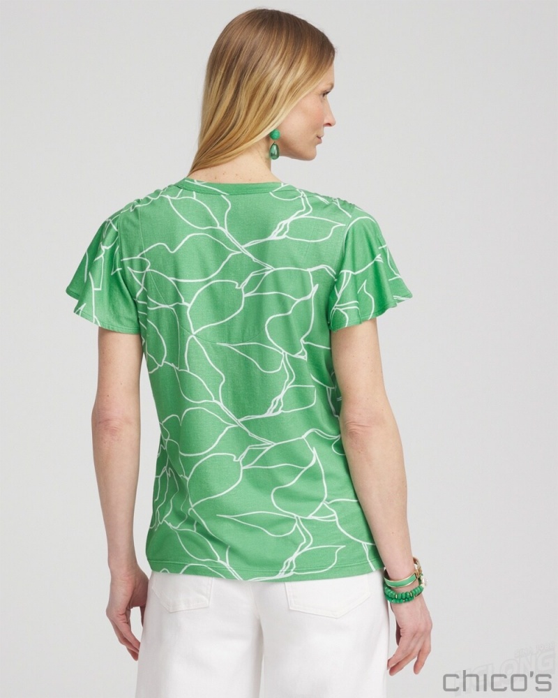 Chico's Green Lines Flutter Sleeve Tee Tees & Tanks GRASSY GREEN | 435-LAECQT