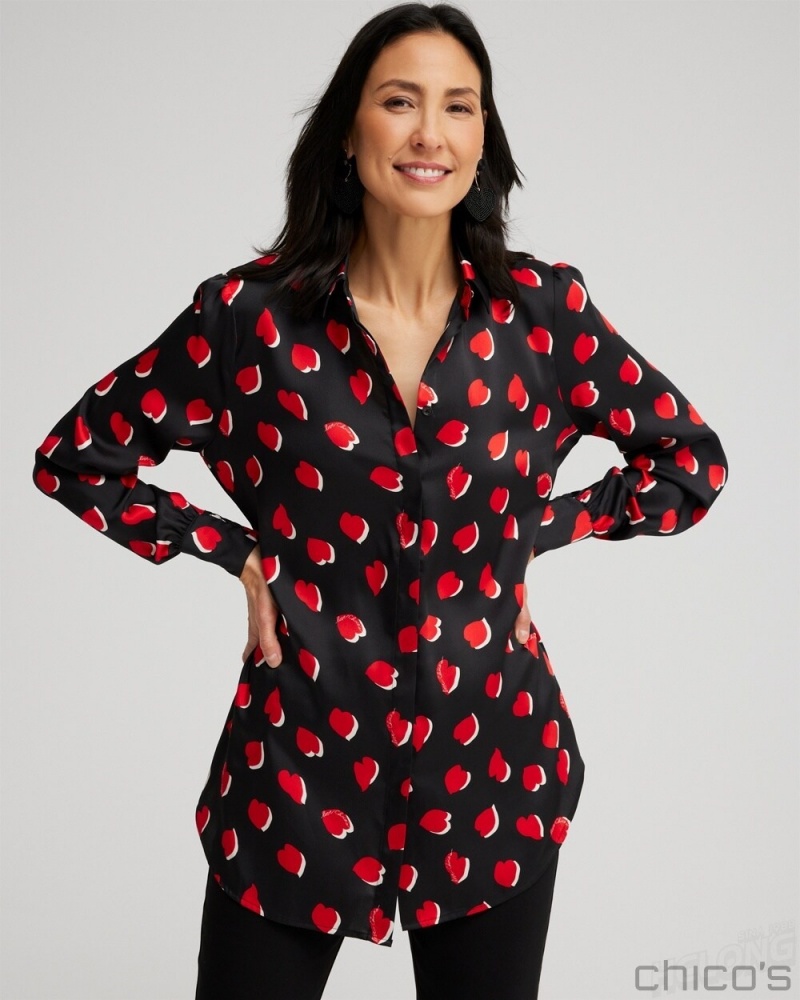 Chico's Heart Print Tunic Tops Black | 601-NEYLZD