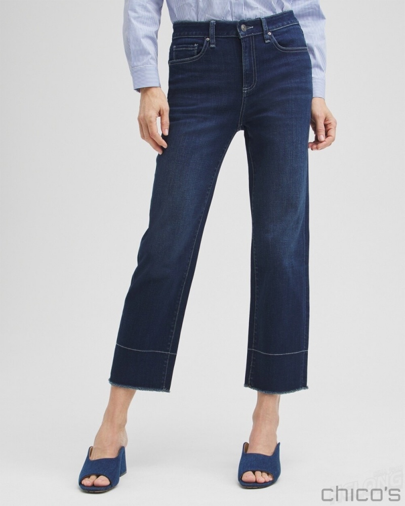 Chico's High Rise Fray Hem Straight Cropped Jeans Jeans & Denim AZURE INDIGO | 893-XNFPCZ