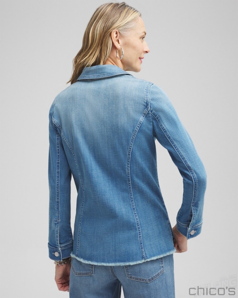 Chico's Indigo Frayed Hem Denim Jacket Jeans & Denim Palace Indigo | 867-IGXJFW