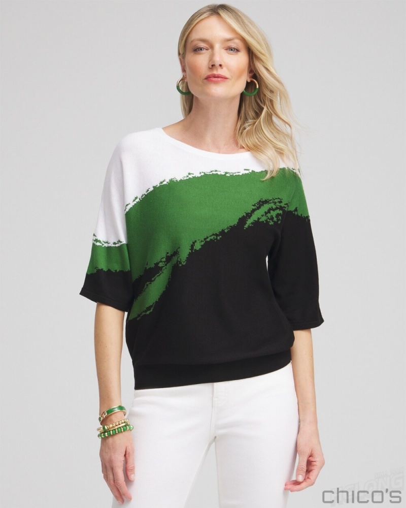 Chico\'s Intarsia Dolman Pullover Sweater Sweaters Verdant Green | 213-ASMCNK