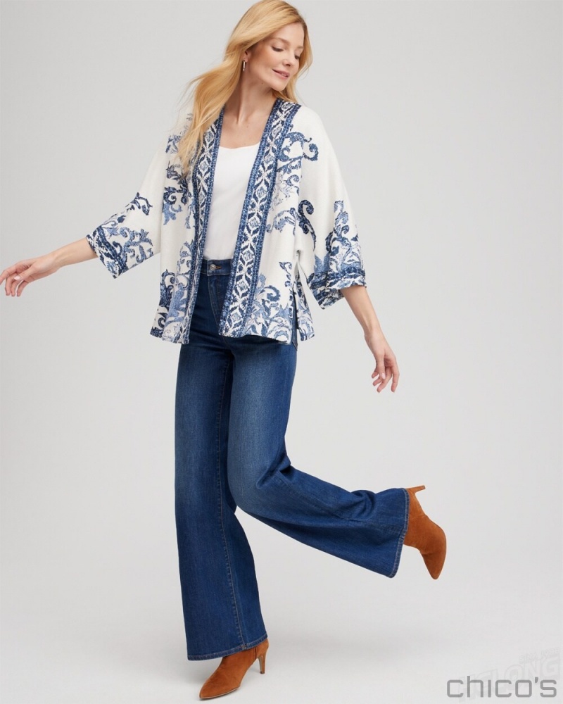 Chico's Jacquard Knit Short Kimono Ponchos & Ruanas Azores Blue | 370-SMDZKT