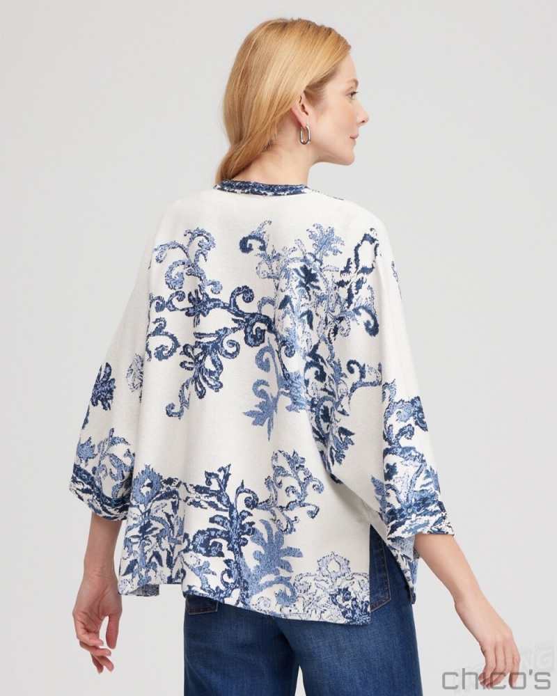 Chico's Jacquard Knit Short Kimono Ponchos & Ruanas Azores Blue | 370-SMDZKT