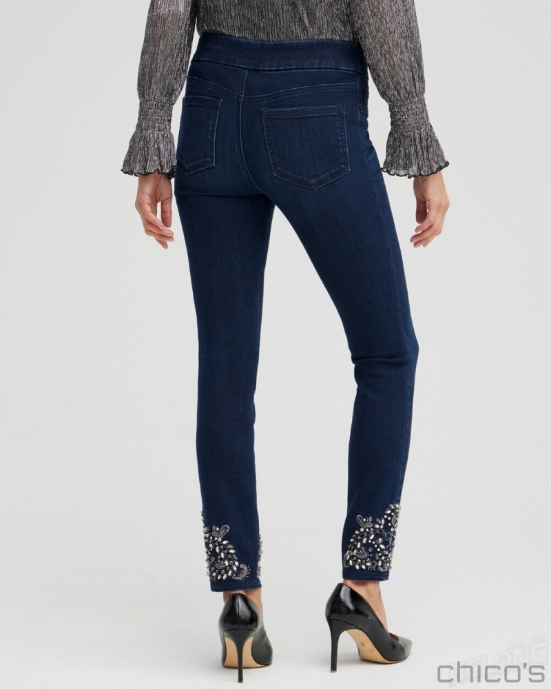 Chico's Jeweled Hem Pull-on Jeggings Pants Rainier Indigo | 709-GICAMF