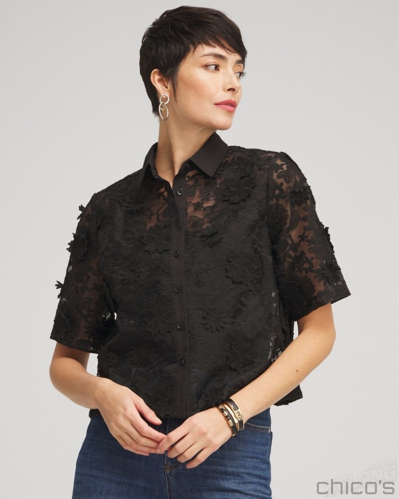 Chico's Lace Applique Shirt Blouses & Shirts Black | 831-GIPQDM