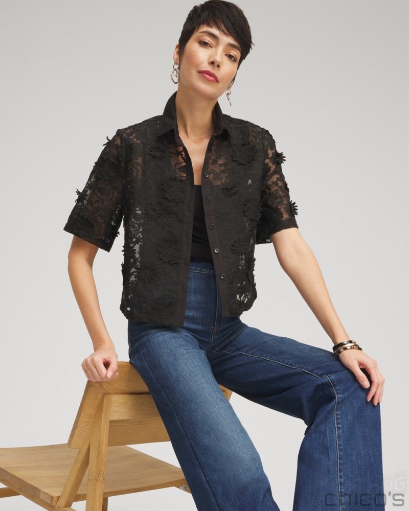 Chico's Lace Applique Shirt Blouses & Shirts Black | 831-GIPQDM