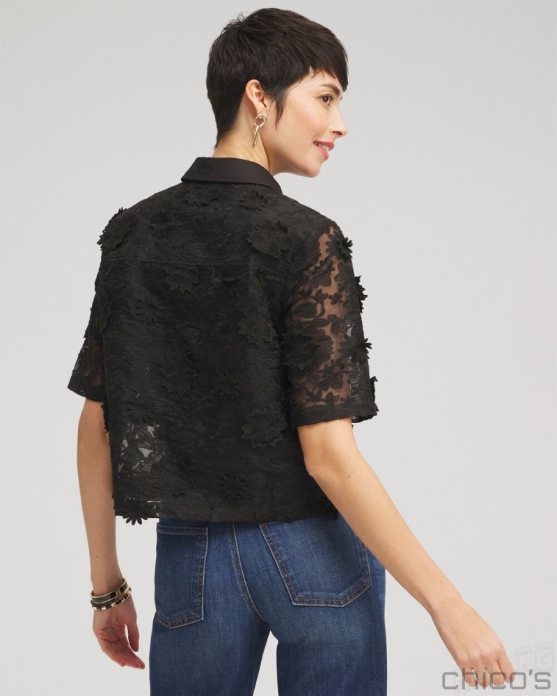 Chico's Lace Applique Shirt Blouses & Shirts Black | 831-GIPQDM