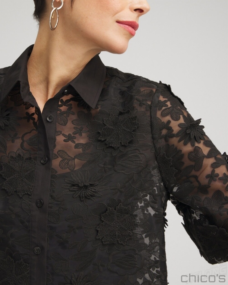 Chico's Lace Applique Shirt Blouses & Shirts Black | 831-GIPQDM