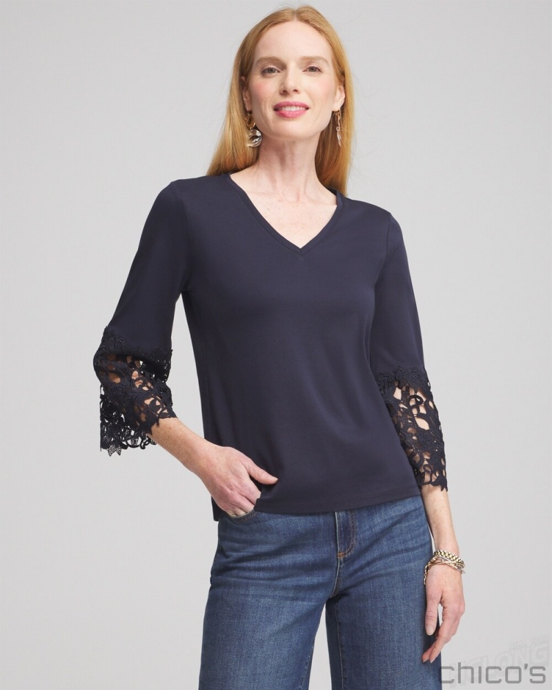 Chico's Lace Applique Tee Tops Black | 024-SQPKUY