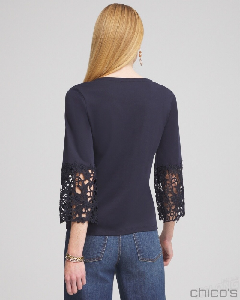 Chico's Lace Applique Tee Tops Black | 024-SQPKUY