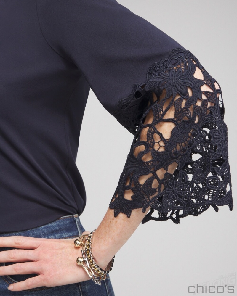 Chico's Lace Applique Tee Tops Black | 024-SQPKUY