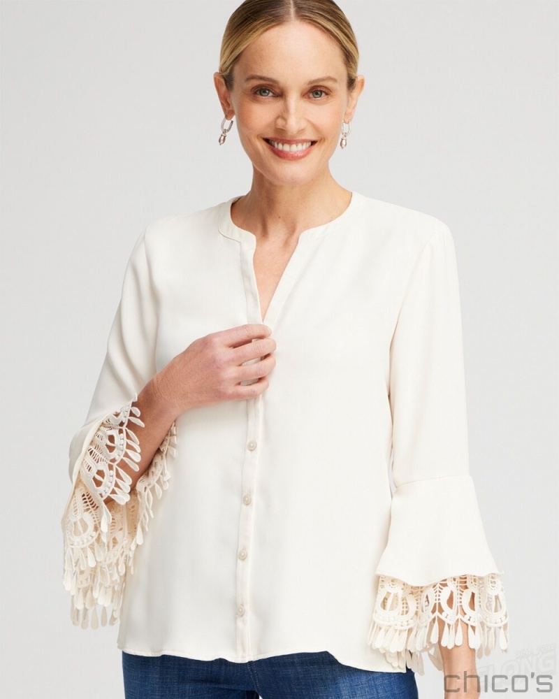 Chico\'s Lace Detail Long Sleeve Top Blouses & Shirts English Cream | 168-DTJCRL