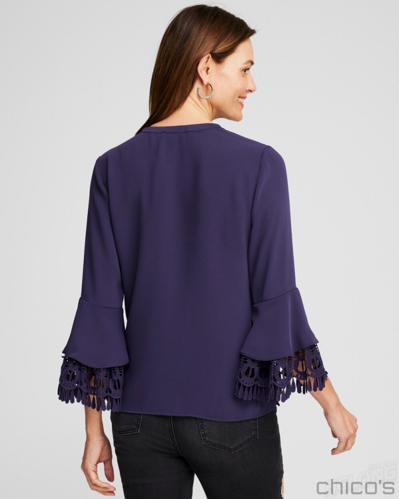 Chico's Lace Detail Long Sleeve Top Blouses & Shirts Black | 769-RTOLMU