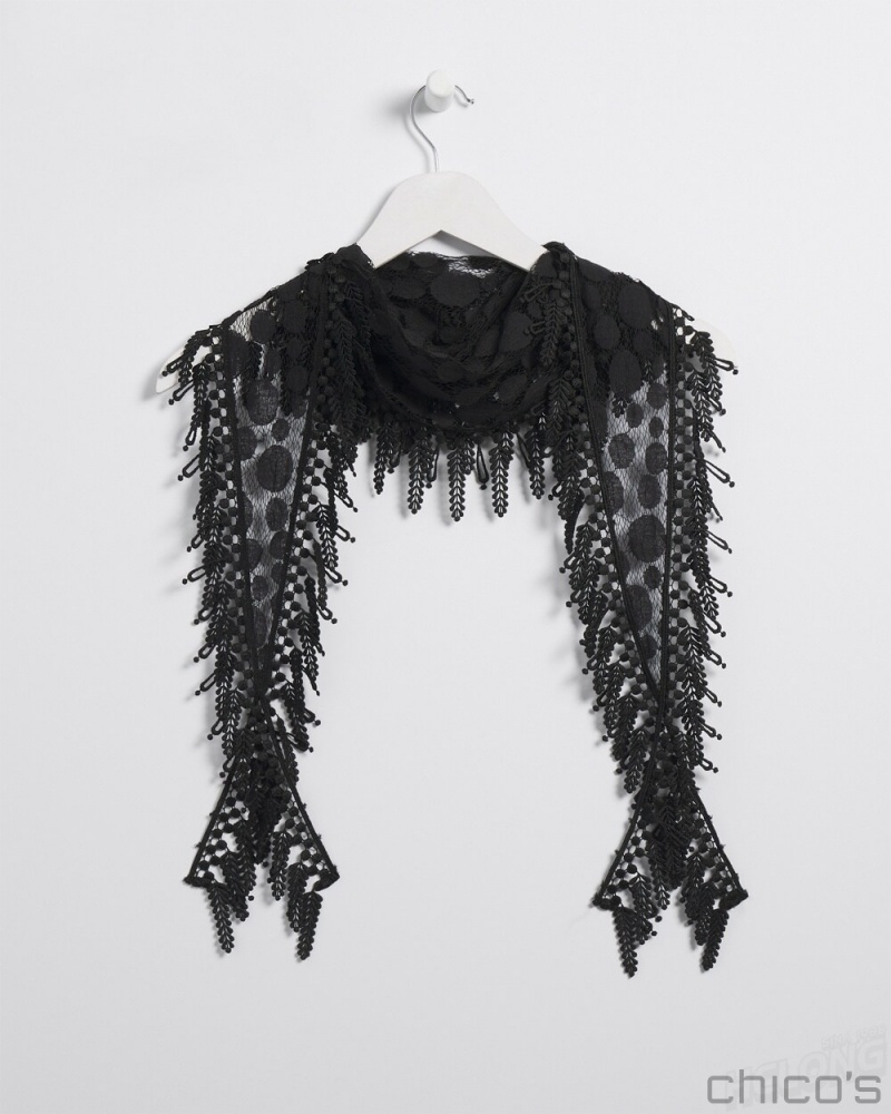 Chico\'s Lace Fringe Scarf Scarves Black | 298-OXVQDE