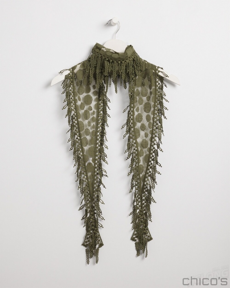 Chico\'s Lace Fringe Scarf Scarves Olive | 405-TCWRKU