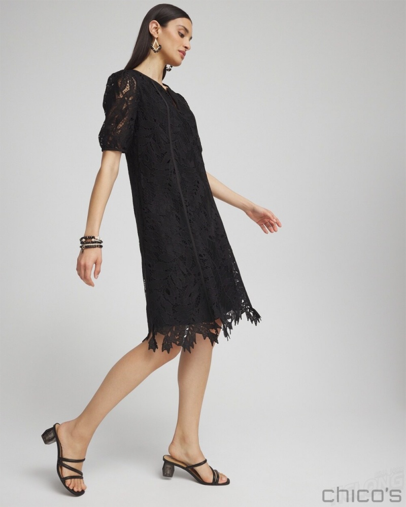 Chico's Lace Leaf Dress Dresses Black | 268-MSRTLO