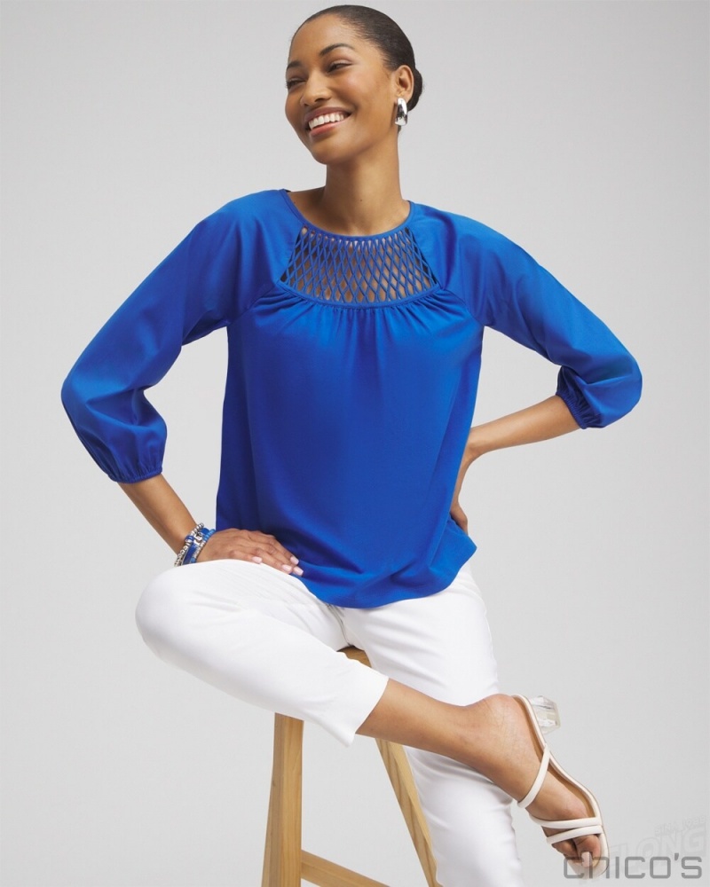 Chico's Lattice Detail Top Tees & Tanks Intense Azure | 142-GWIXTV