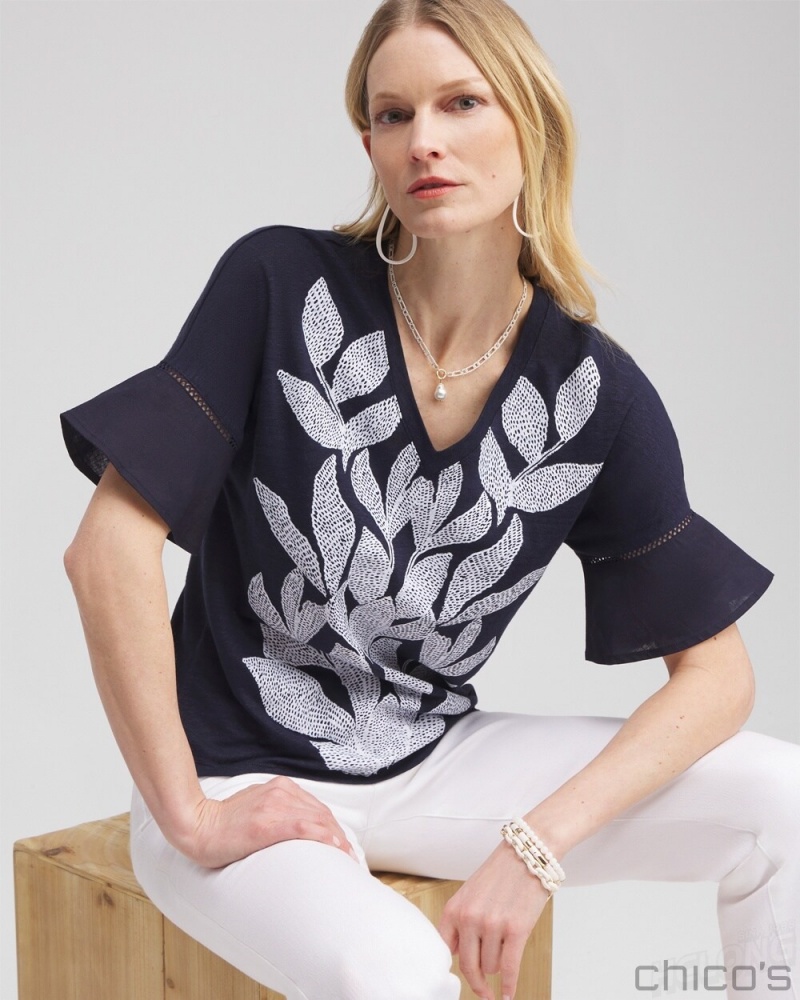 Chico's Leaf Linen Blend Flutter Sleeve Top Tees & Tanks Classic Navy | 150-UFILWM