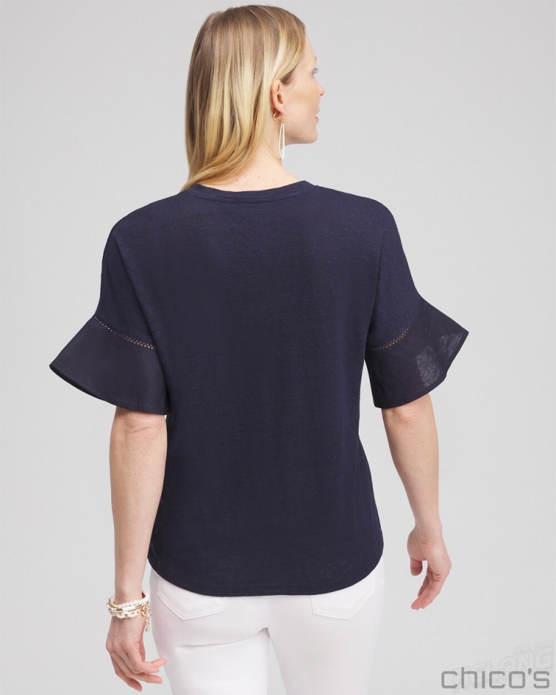 Chico's Leaf Linen Blend Flutter Sleeve Top Tees & Tanks Classic Navy | 150-UFILWM