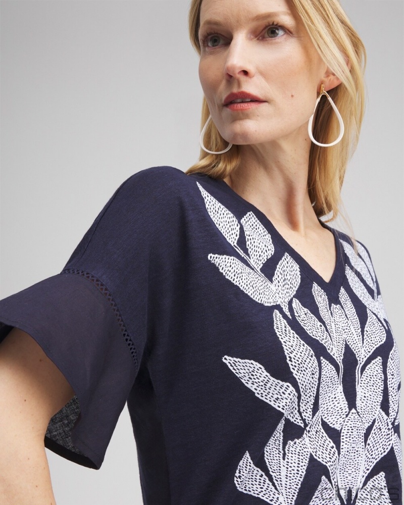 Chico's Leaf Linen Blend Flutter Sleeve Top Tees & Tanks Classic Navy | 150-UFILWM