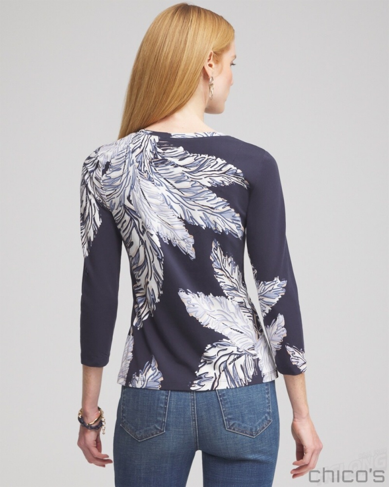 Chico's Leaf Print 3/4 Sleeve Perfect Tee Tees & Tanks Classic Navy | 037-HMPIOB