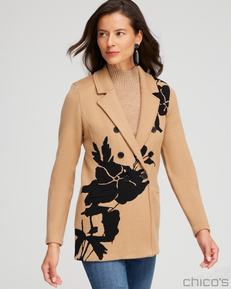 Chico's Leaf Print Cardigan Jacket Jackets & Coats Camel | 106-MOUAZI