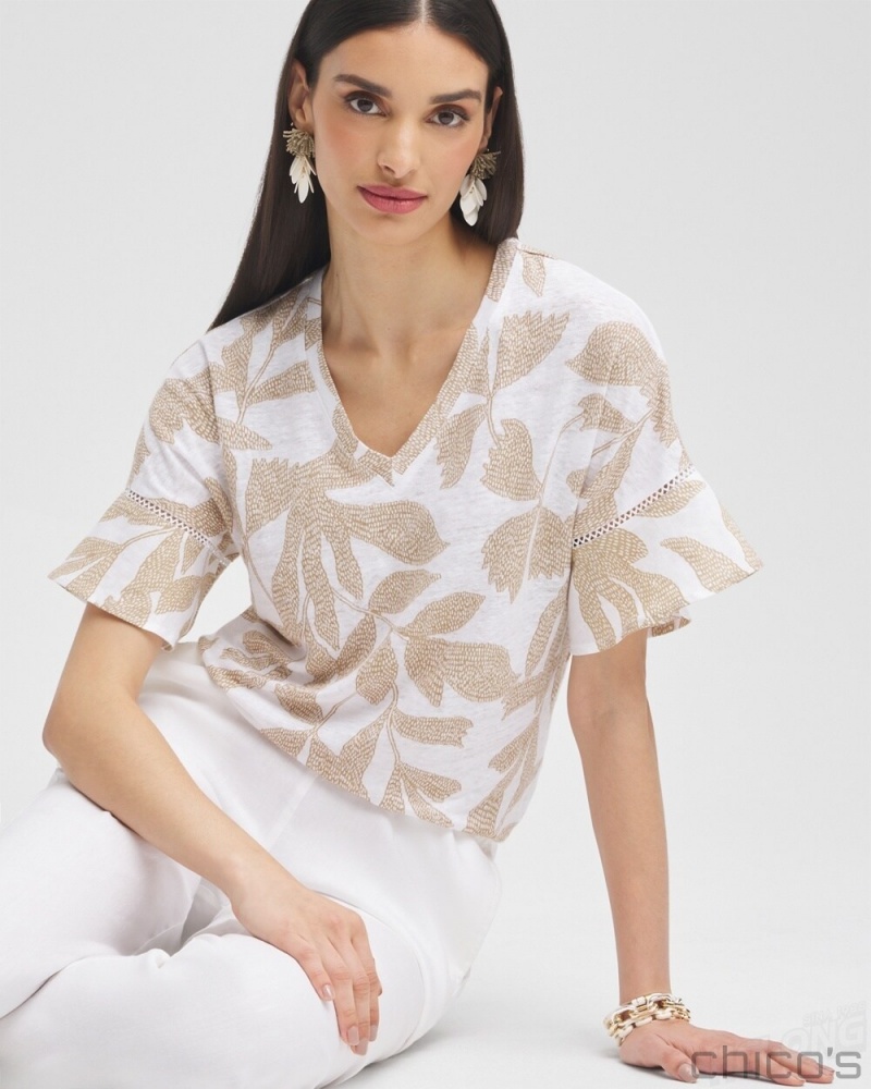 Chico's Leaves Linen Blend Flutter Sleeve Top Tees & Tanks Sycamore | 284-LQVXWJ