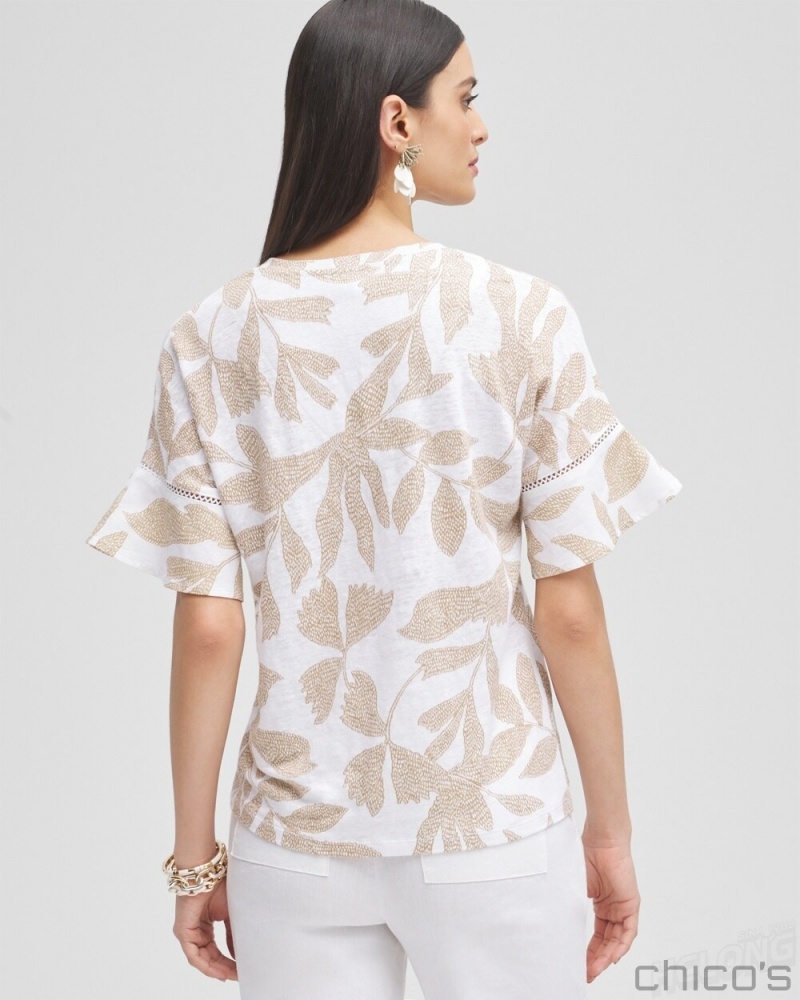 Chico's Leaves Linen Blend Flutter Sleeve Top Tees & Tanks Sycamore | 284-LQVXWJ