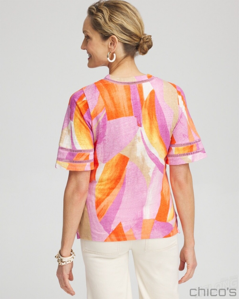 Chico's Linen Abstract Lace Detail Top Tees & Tanks Nectarine | 924-VWCDOJ