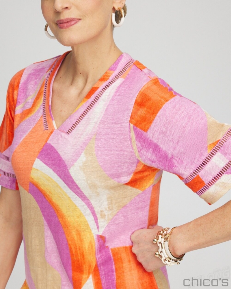 Chico's Linen Abstract Lace Detail Top Tees & Tanks Nectarine | 924-VWCDOJ