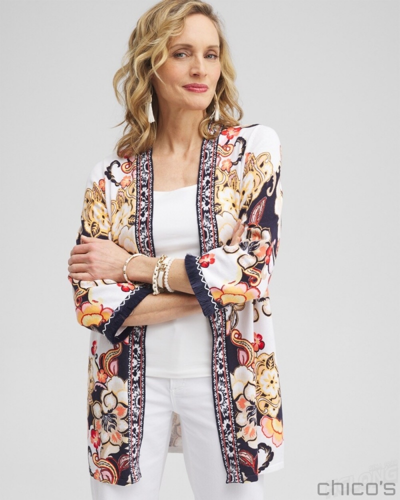 Chico's Linen Blend Floral Fringe Cardigan Sweaters Classic Navy | 581-GVBDNQ