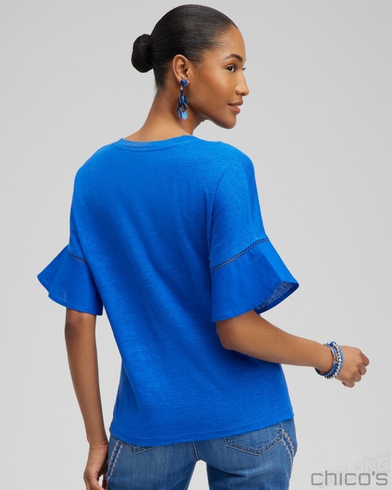 Chico's Linen Blend Flutter Sleeve Top Tees & Tanks Intense Azure | 538-XGUAJQ